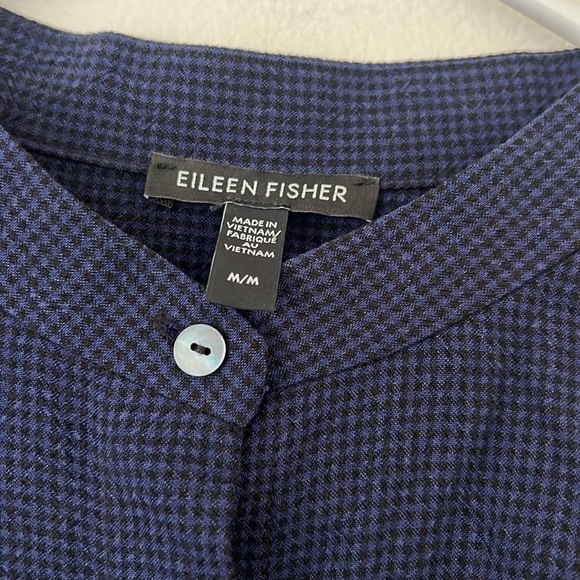 Eileen Fisher Mini Check Crepe Mandarin Collar Top Size Medium Navy and Black - Picture 4 of 6